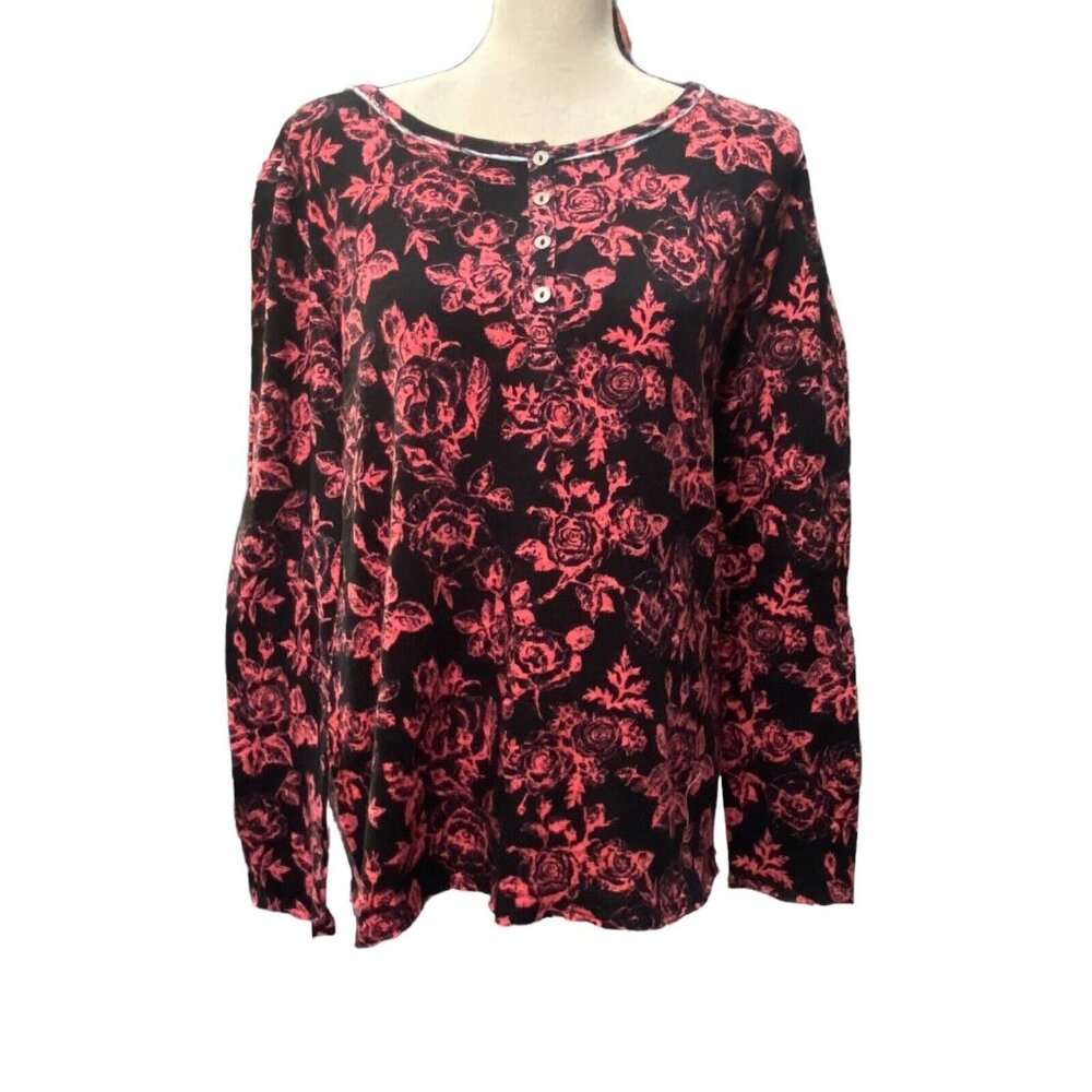 Sundance Henley Top Womens Sz M Black Pink Floral Roses Raw Hem Long Sleeve EUC